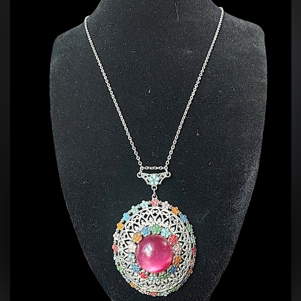 Vintage Multi Color Enamel Flower Glow Lucite Cabochon Open Filigree Necklace